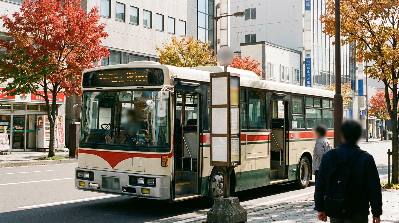 旭川市内のバス停に停車する路線バス