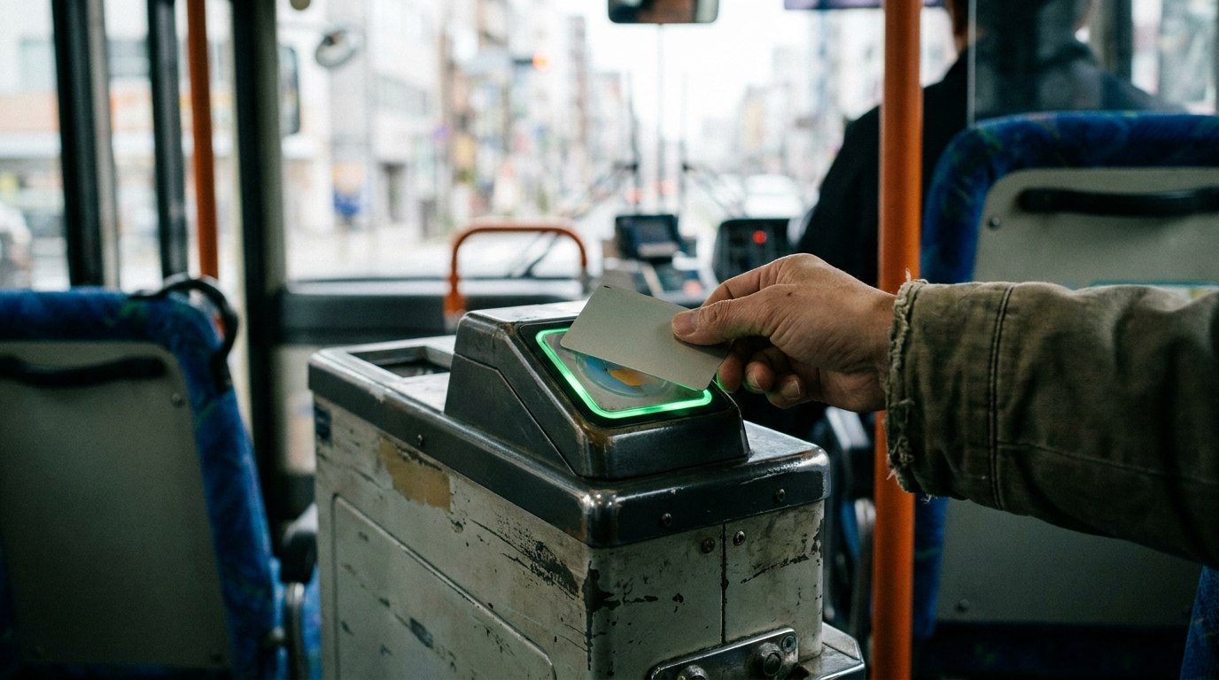 バス車内の運賃箱にICカードをかざす乗客の手元