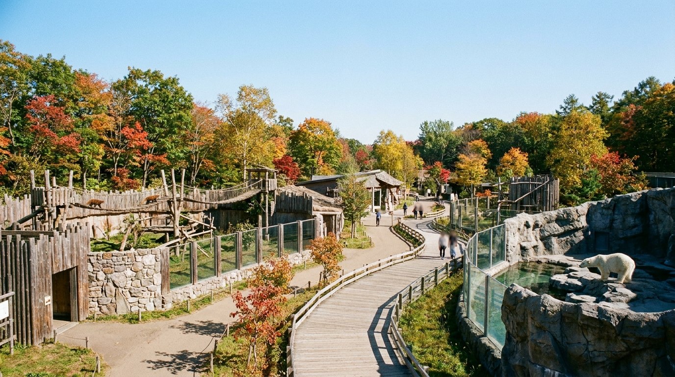 秋の動物園の遊歩道と動物舎の風景