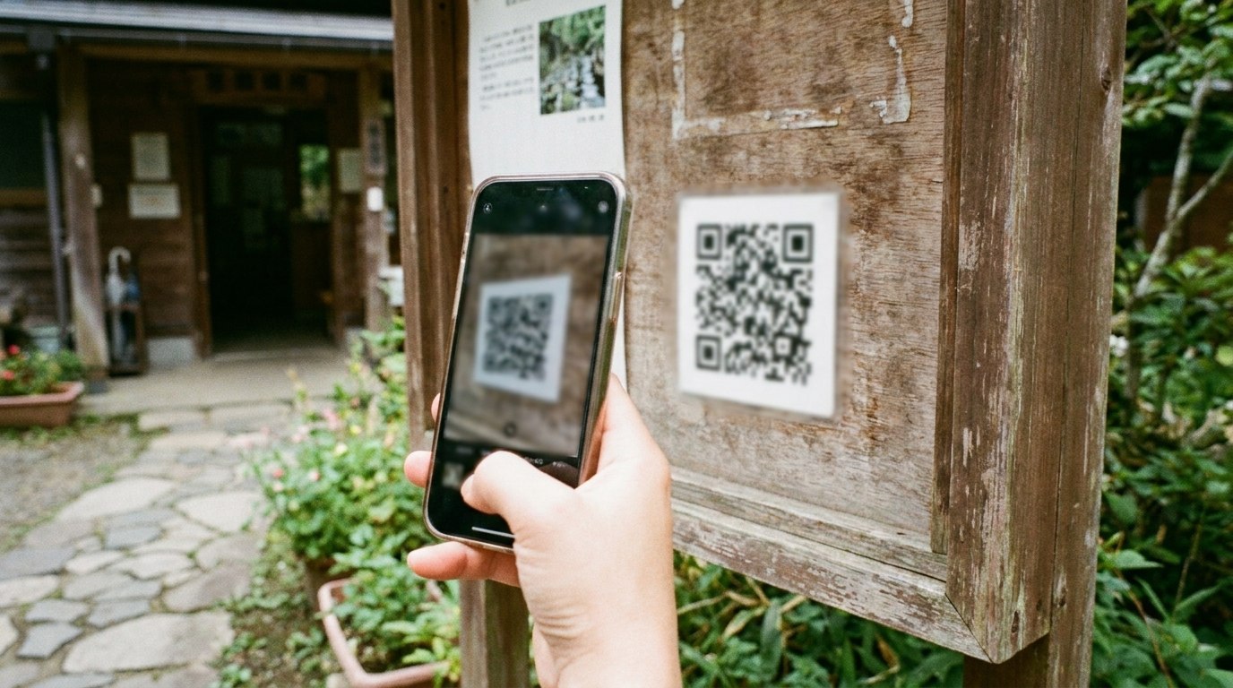 掲示された二次元コードをスマートフォンで読み取る手元