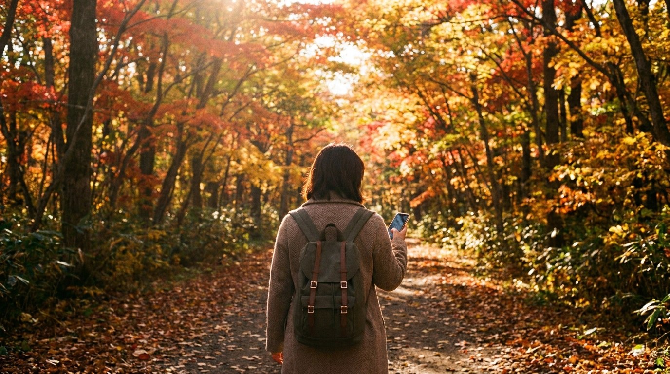 秋の公園の遊歩道をスマートフォンを手に歩く人の後ろ姿