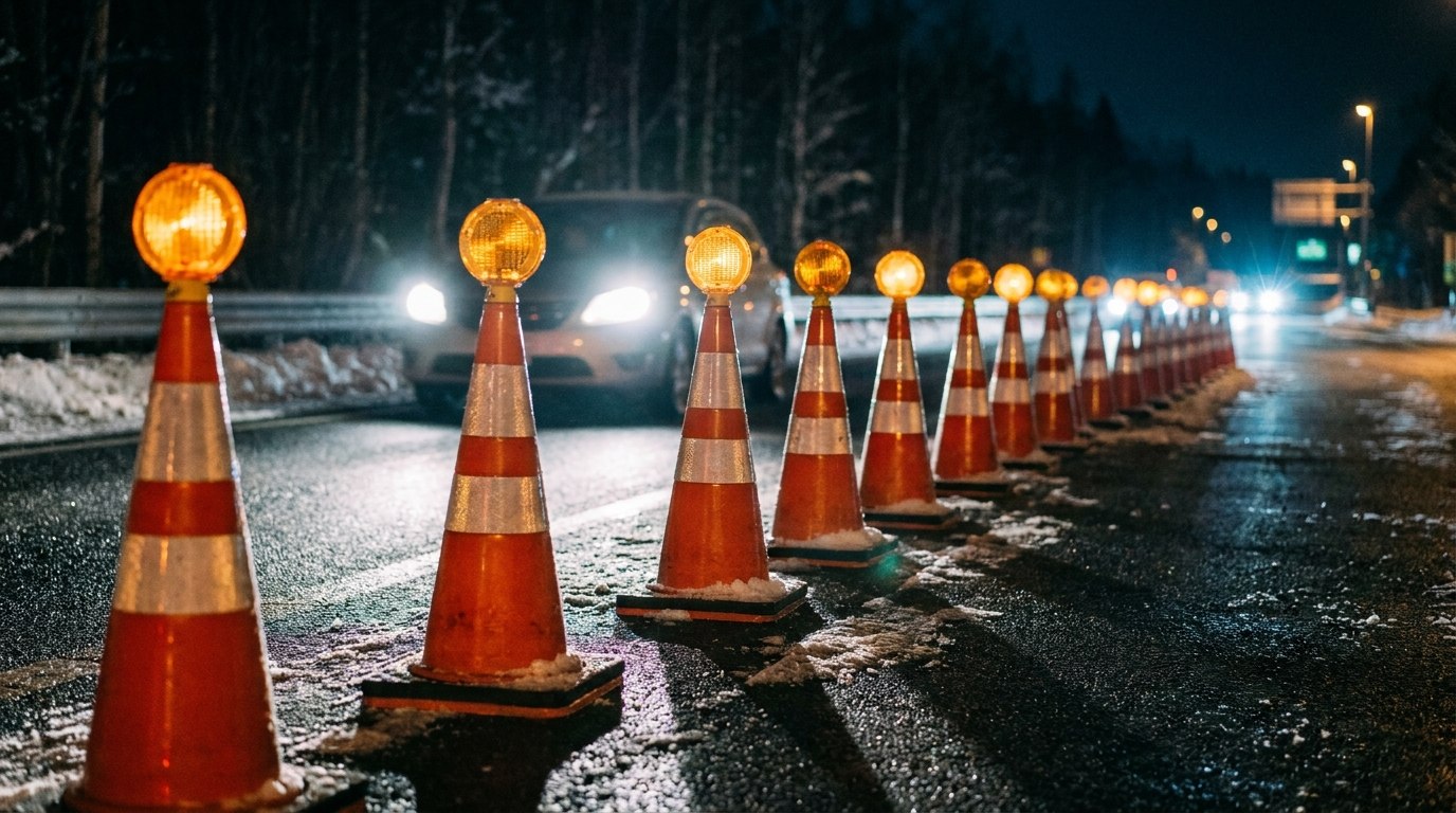 夜間通行止めで車線をふさぐ保安灯付きのロードコーン