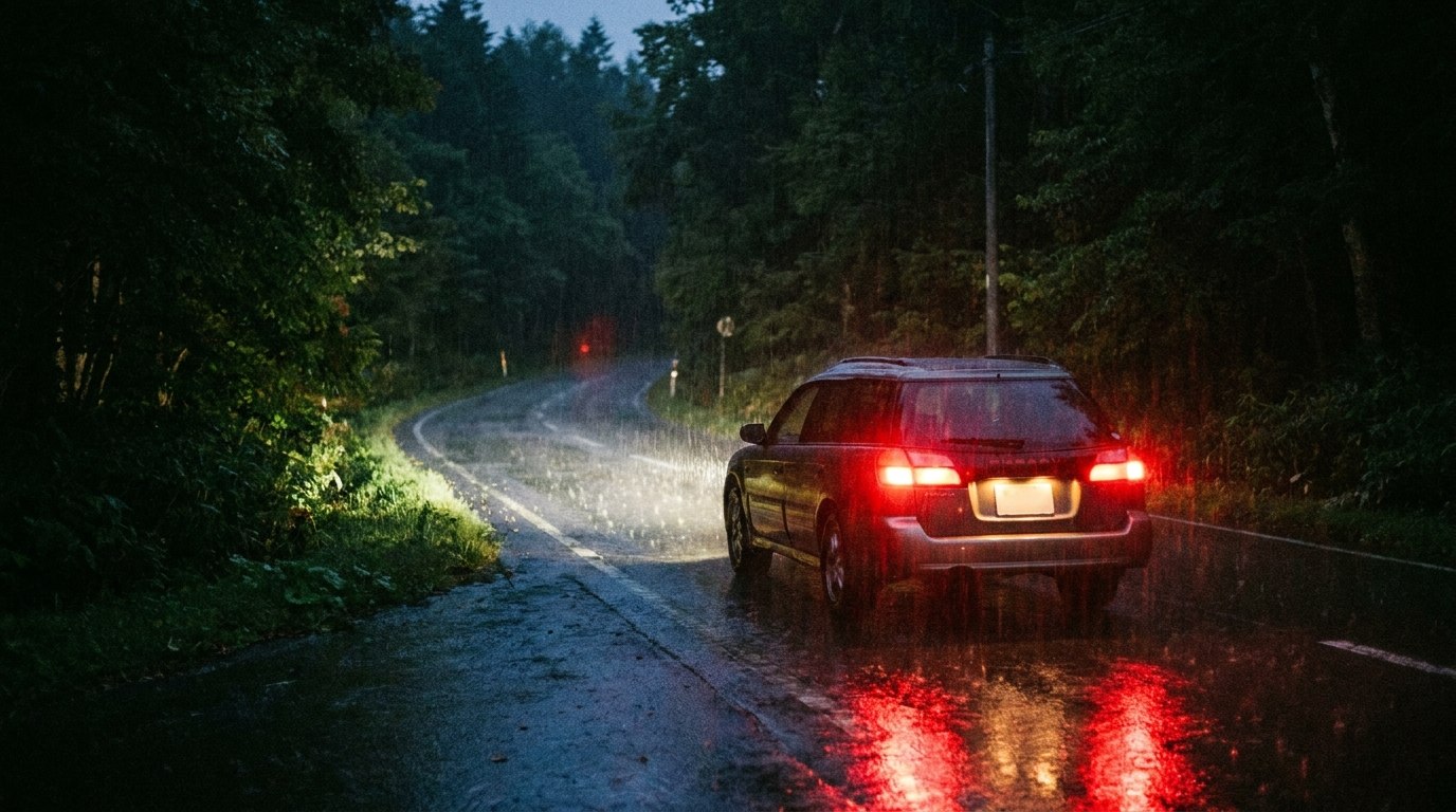 夜の一般国道を走る車のテールランプ