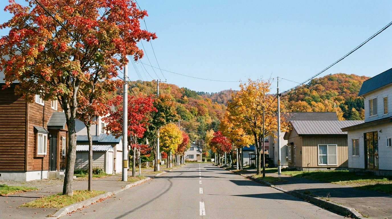 旭川市の郊外に一戸建て住宅が並ぶ秋の住宅街のイメージ