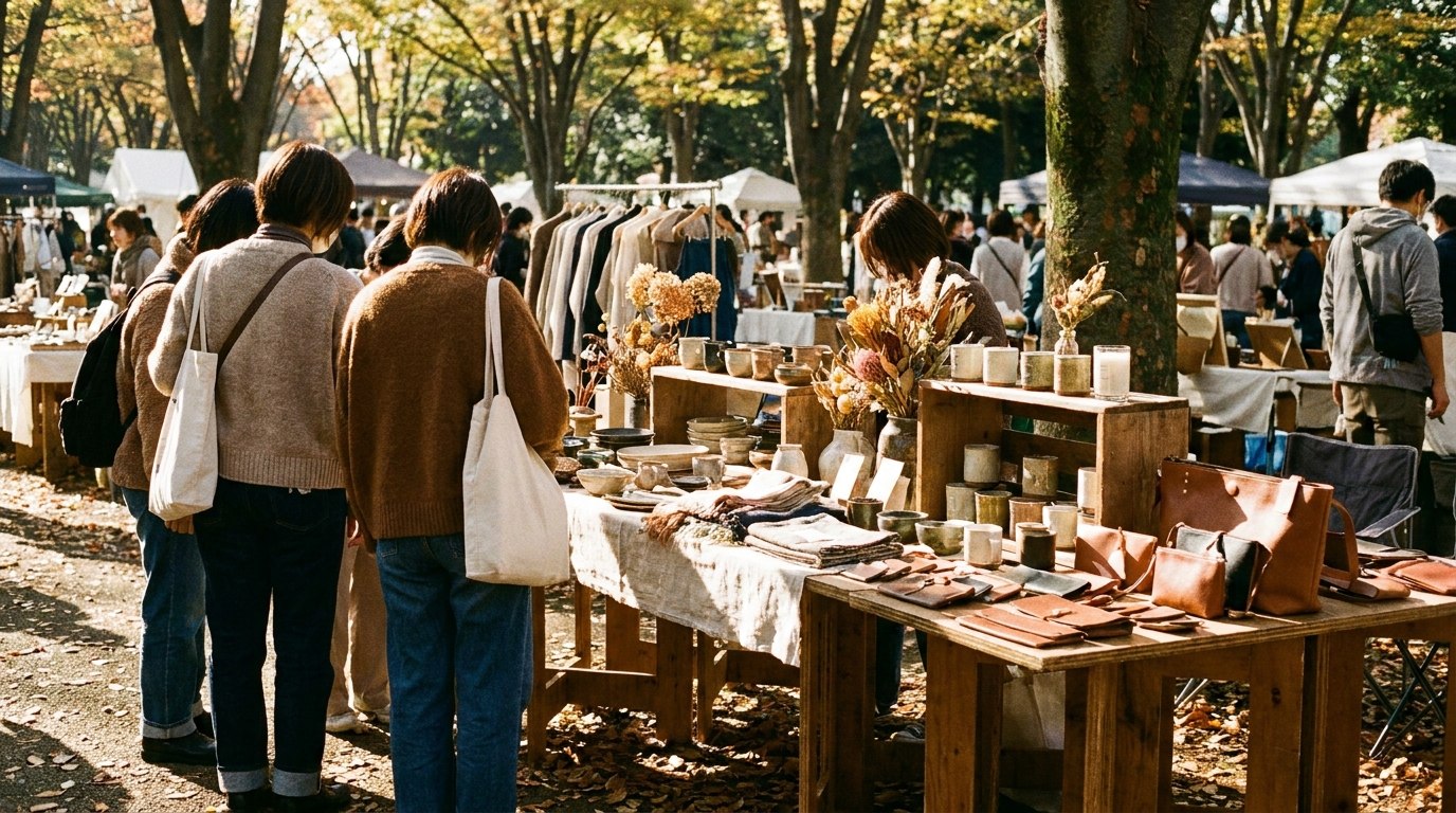 マーケットの販売ブースで商品を眺める来園者の後ろ姿のイメージ
