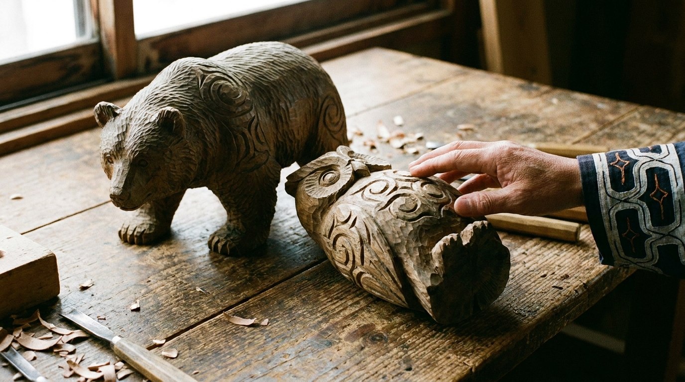 アイヌ文様を思わせる木彫りの工芸品