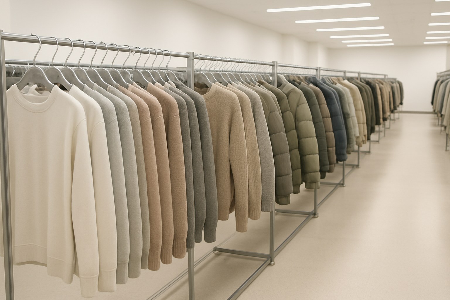 ハンガーラックに無地の服が並ぶ一般的な売り場の絵