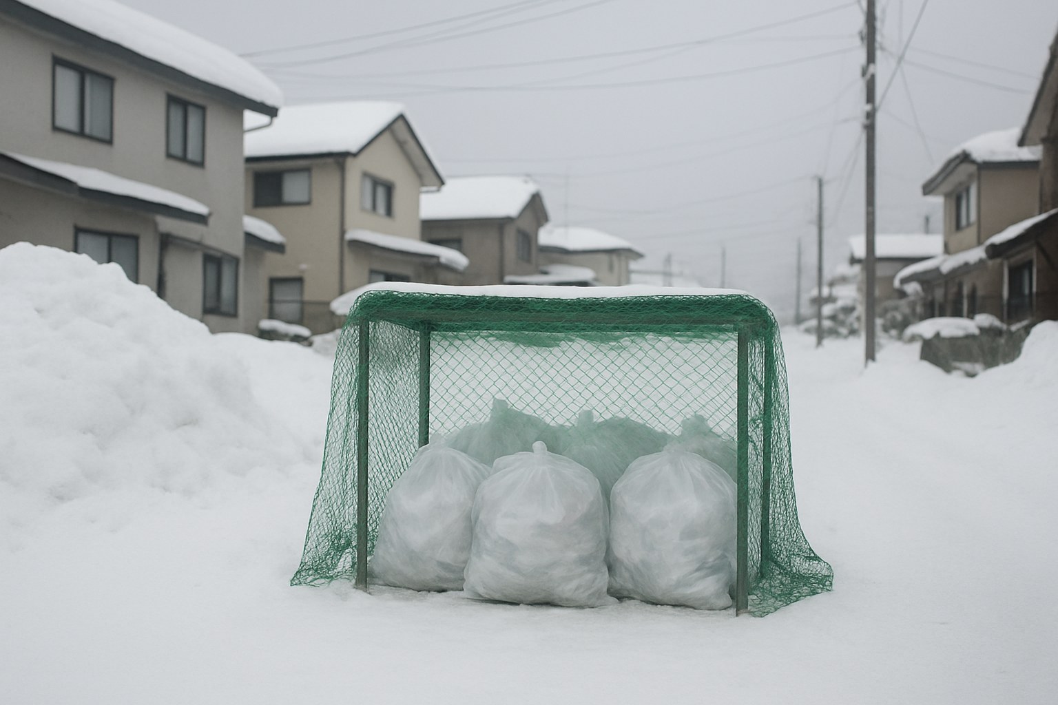 雪の住宅街のネットをかけたごみ置き場の絵