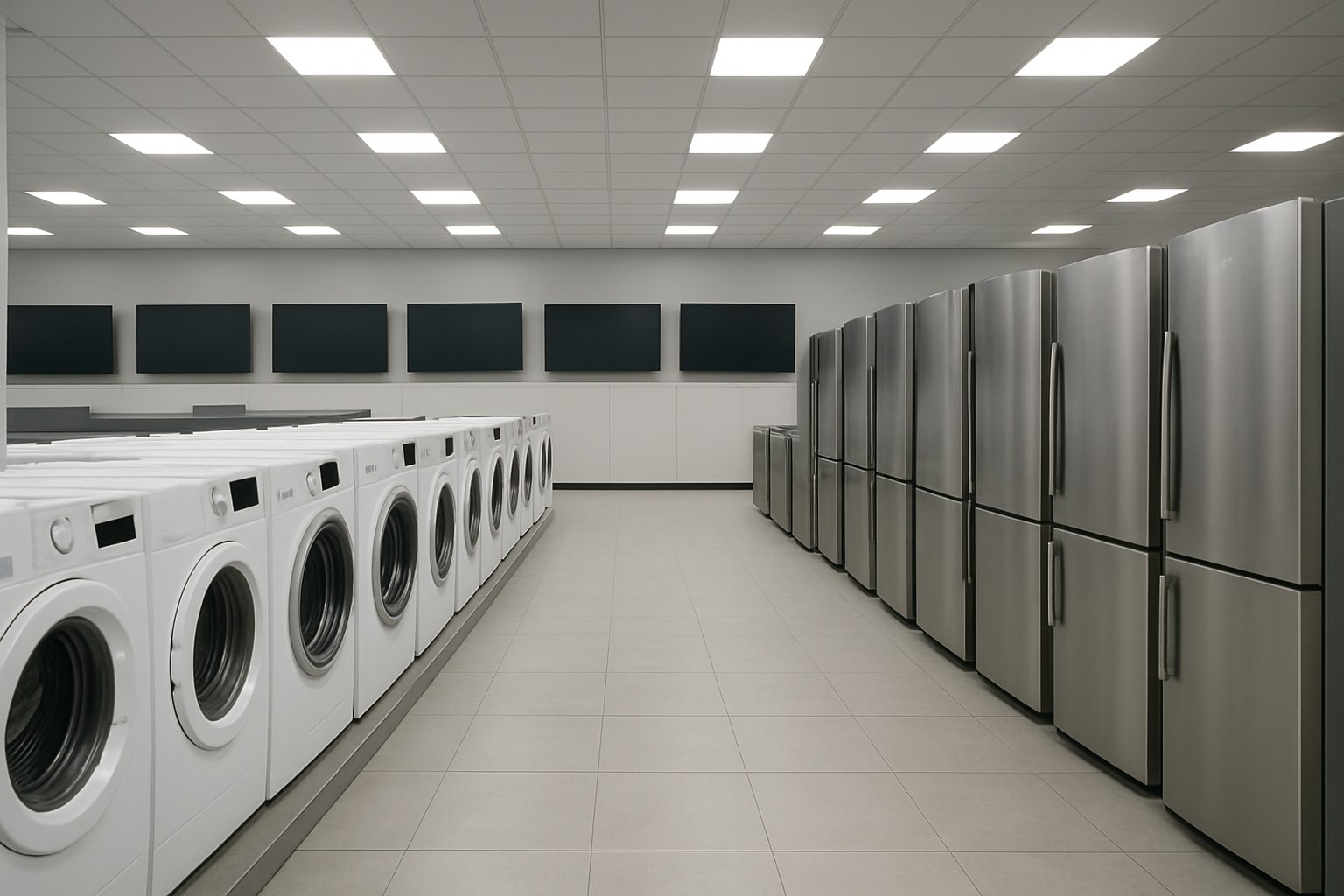 一般的な家電売り場に並ぶ洗濯機と冷蔵庫の絵
