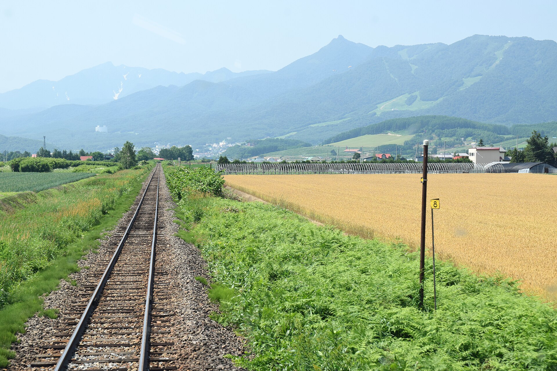 富良野の畑と山並み、線路
