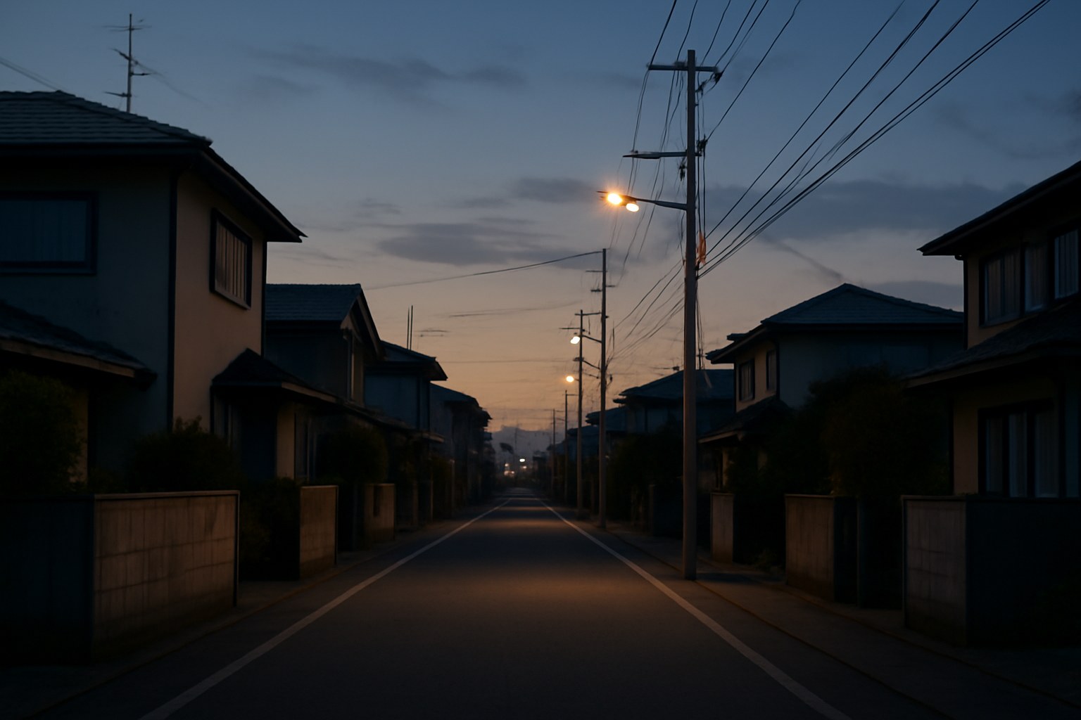 夕暮れの住宅街と街灯