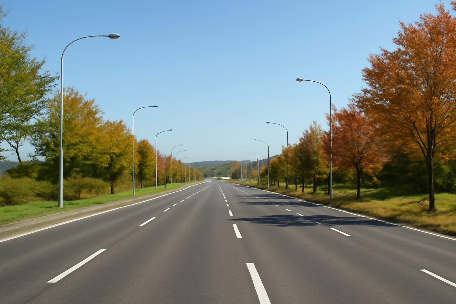 秋の幹線道路と街灯