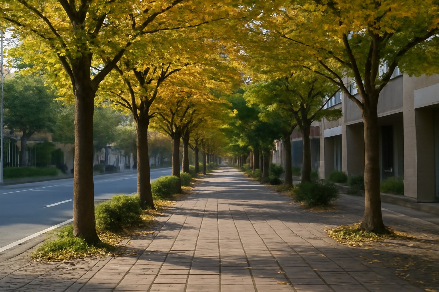 秋の朝の並木の歩道
