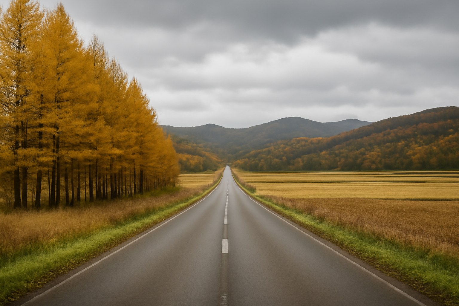 秋の畑と山のあいだを通る道（イメージ）