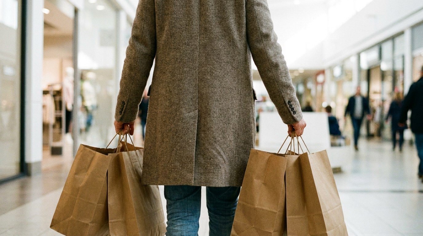 ショッピングモールの通路で買い物袋を提げて歩く人の後ろ姿