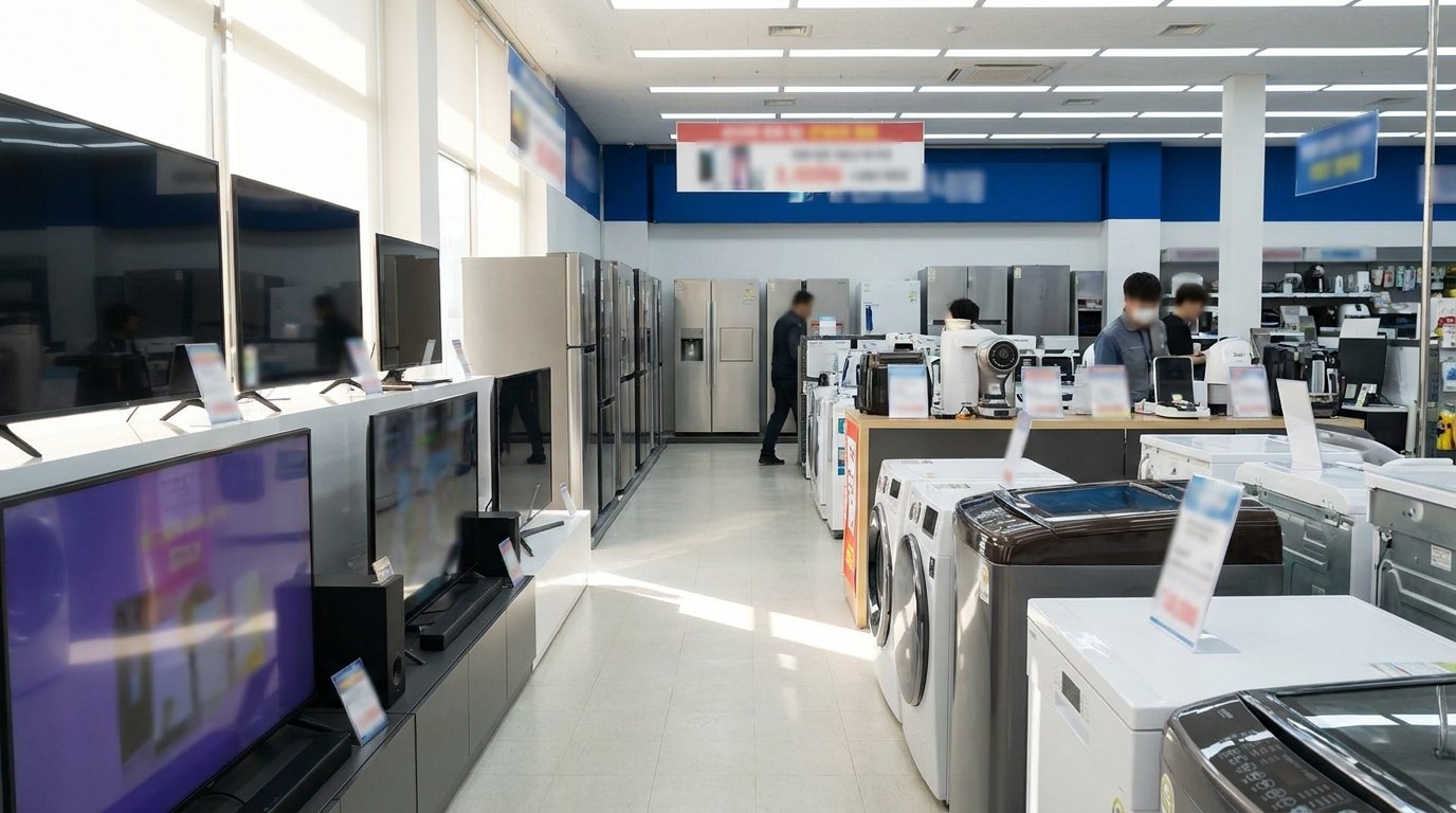 家電量販店の売場に家電製品が並ぶイメージ