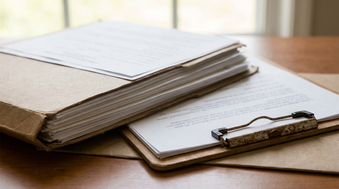 机の上に置かれた届出書類のファイルのイメージ