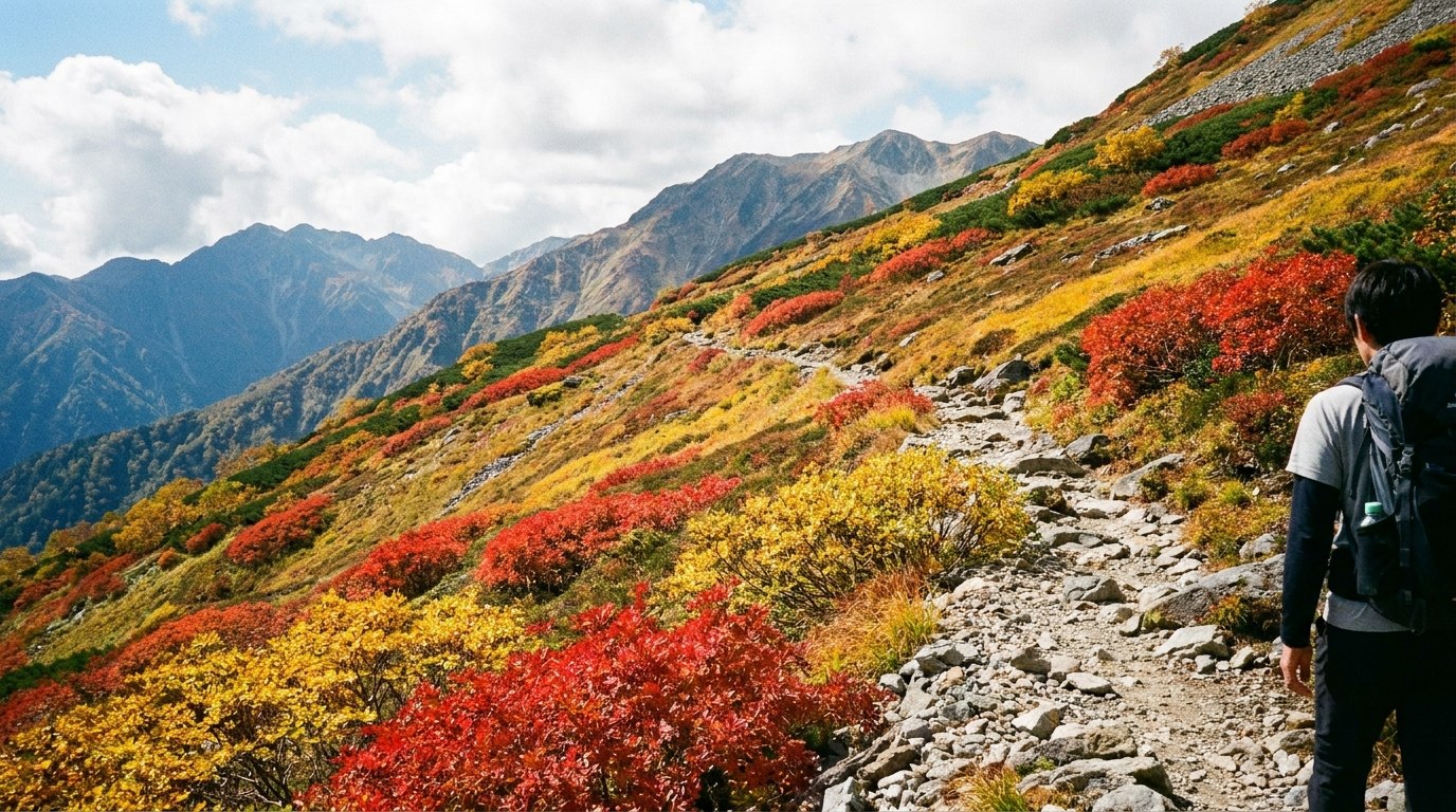 銀泉台付近の紅葉した斜面と登山道