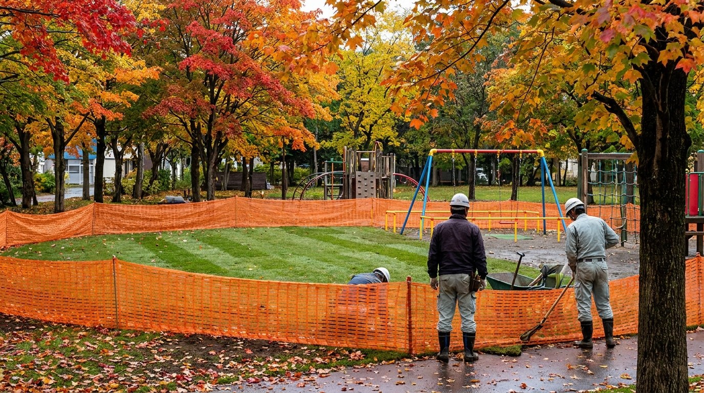 公園の遊具エリアに張られた新しい芝生と工事用フェンス