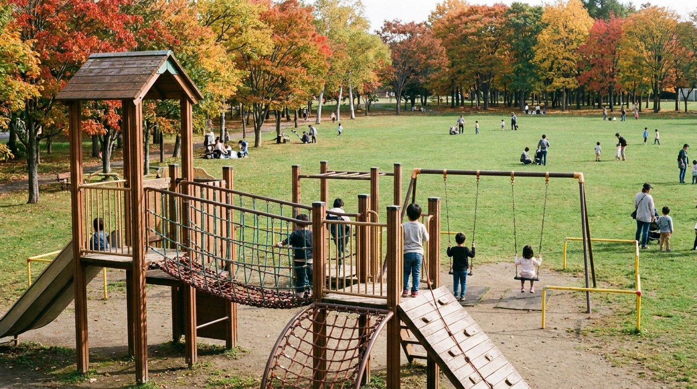 公園の児童用複合遊具とブランコ、奥に広がる芝生広場