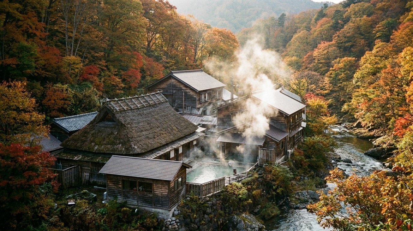 山あいに立つ温泉宿の外観と湯けむりのイメージ