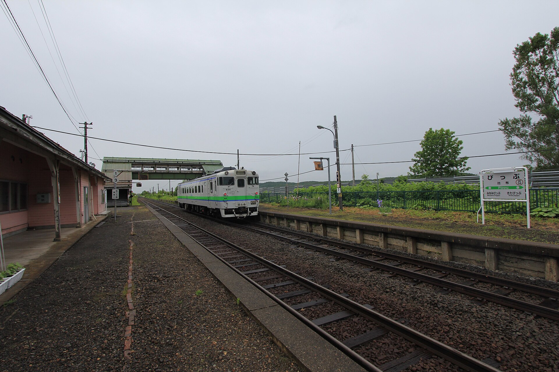 比布駅のホームと普通列車